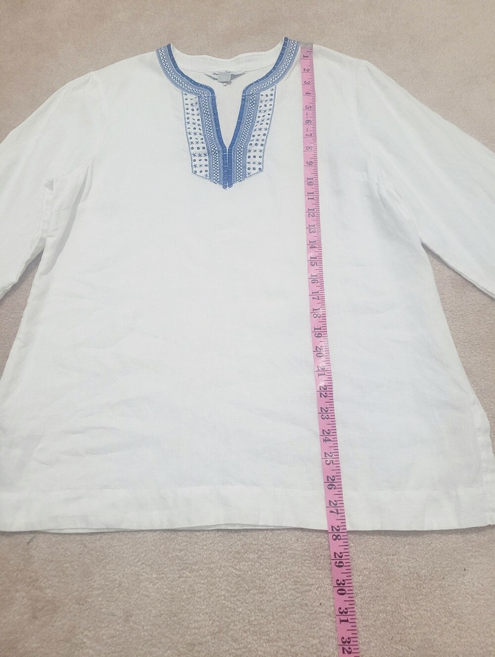 Tommy Bahama 100% Linen Tunic Top Medium White Blue Embroidered Beach Boho - Picture 10 of 12